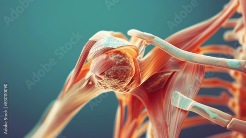 A medical illustration of the human shoulder joint, depicting the ball-and-socket structure and surrounding muscles for mobility