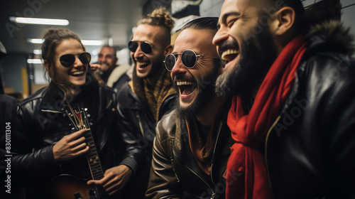 There are four people in black leather jackets. They are all smiling and laughing. Three of them are holding guitars.