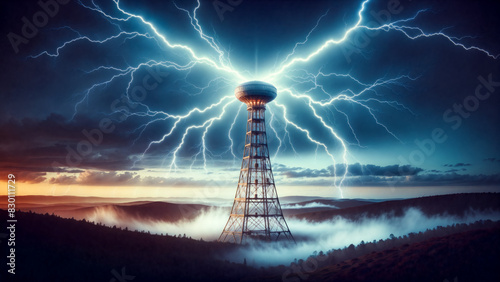 Tesla Tower radiating energy, with lightning streaking across stormy sky, visionary / mad scientist theme. Reimagination of Wardenclyffe Tower for wireless energy transfer.