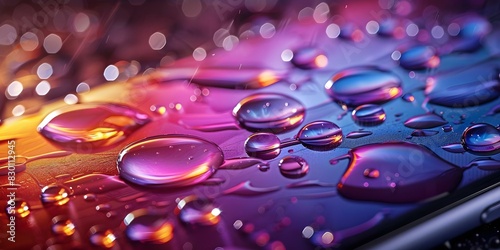 Macro shot of liquid droplets on a smartphone screen potential water damage. Concept Macro Photography, Liquid Droplets, Smartphone Screen, Water Damage, Close-up Shot