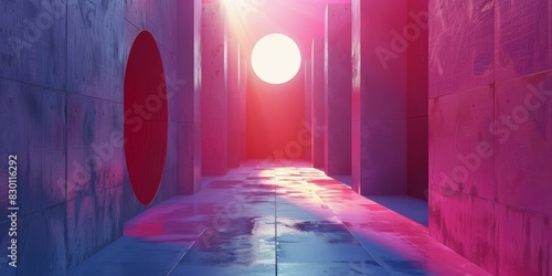 A long hallway brightly lit from one end, casting a glow and shadows, creating a dramatic visual effect