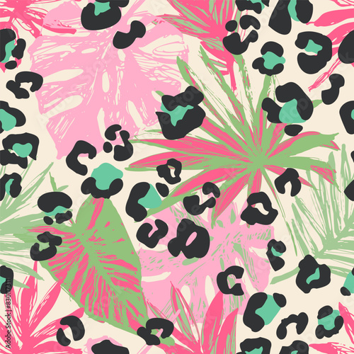 Abstract tropical leaves, grunge leopard camouflage spots background.