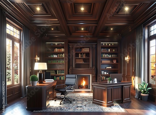 dark wooden coffered ceiling and bookshelves in home office with fireplace stock photo contest winner at cgstation