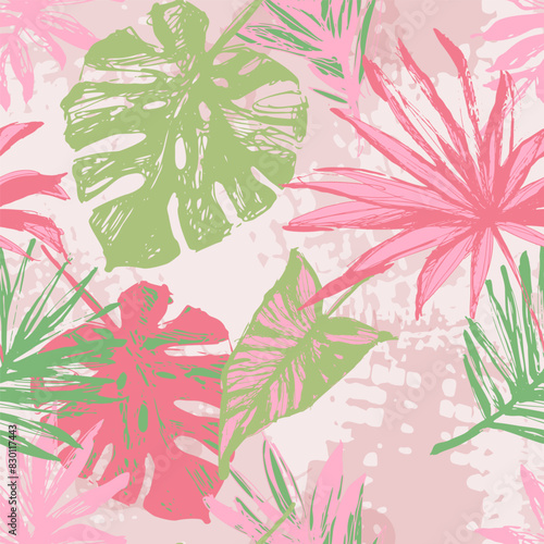 Abstract tropical leaves, grunge texture background.