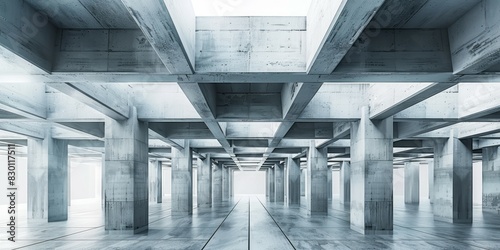 A vast, desolate parking garage with numerous cement pillars and beams
