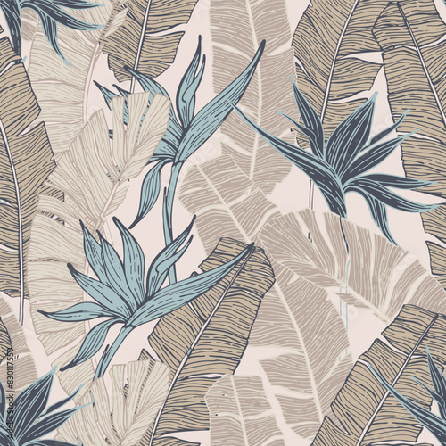 Nature seamless pattern. Hand drawn abstract tropical summer background
