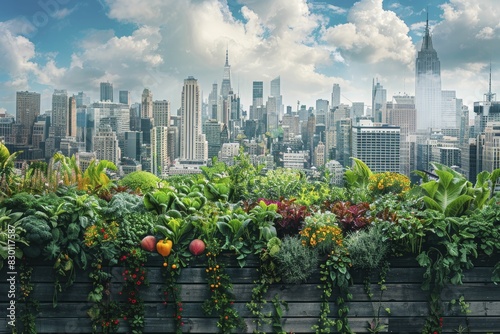 Urban farming initiatives in a cityscape, rooftop gardens and community farms, promoting local and sustainable food sources, vibrant and green, with a simple minimalist touch.