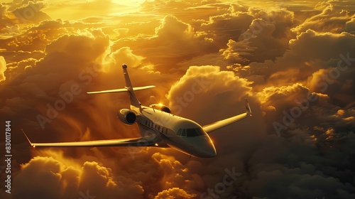 A luxury private jet cruising above the clouds at sunset, with golden light reflecting on its sleek body