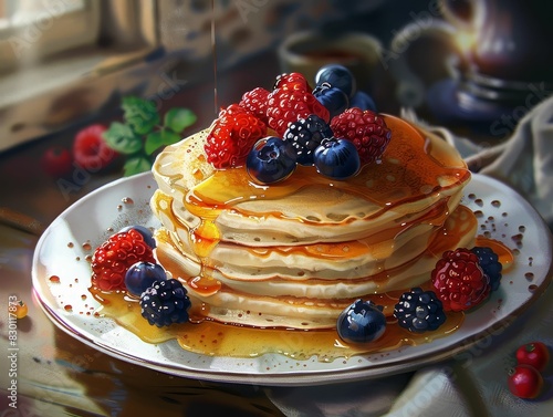 A luxurious breakfast scene with a fluffy stack of pancakes, fresh berries, and a drizzle of maple syrup