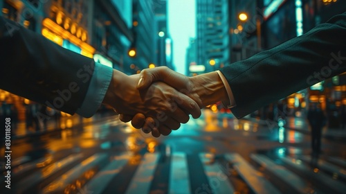 business and finance management, with two hands clasped in a handshake gesture against a backdrop