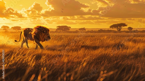 A male lion roaming the savannah