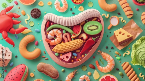 A high-detail illustration of a stomach with healthy and unhealthy foods, emphasizing the impact of diet on obesity