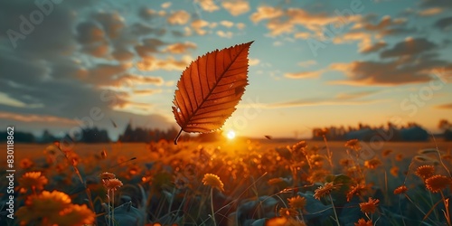 A leaf gently falls in a vibrant farm at sunset symbolizing the transition from day to night. Concept Nature Photography, Sunset Scenes, Symbolism in Art, Tranquil Moments, Farm Life