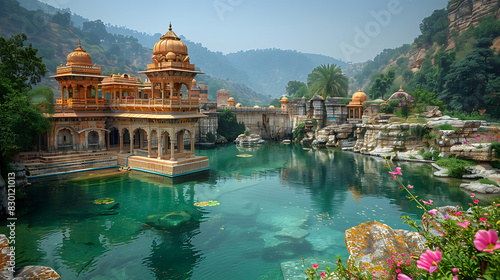 serene image of Katasraj Temples their ancient stone structure sacred pond nestled amidst hill of Punjab Hindu temple dating back over thousand year pilgrimage site symbol of Pakistan's religious dive