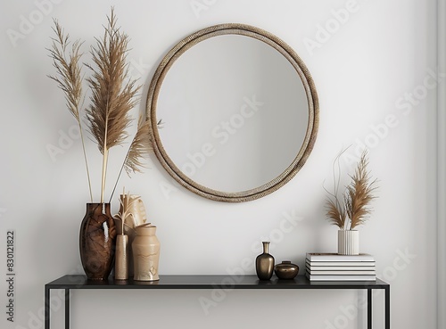 Design an elegant and minimalistic Scandinavian interior with a round rattan mirror hanging on the wall above black console table, brown vases, books, decor elements in style of stock photo
