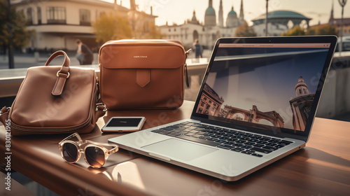 A brown leather bag and an open laptop on a table. The bag is to the left of the laptop. The laptop is open. There is a coffee cup on the table to the right of the laptop. The background is blurred.