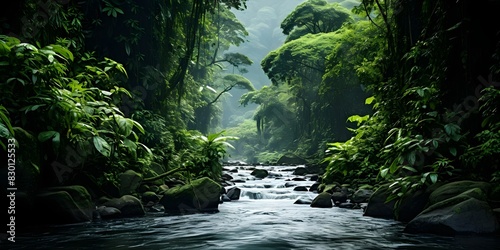 A river cascades through lush green mountains and dense rainforest scenery. Concept Nature Photography, Waterfalls, Rainforest Beauty