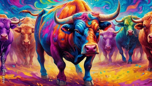 COWs, cattle/oxen herds in varied artistic styles: dramatic smoky scene, vivid psychedelic swirls, urban neon fantasy, earthy geometric abstraction, and stylized sepia-toned 