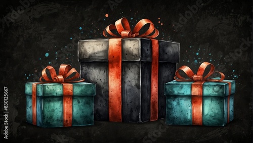 Sketch gift boxes collection on blackboard. Watercolor illustration