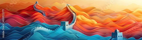 Great Wall of China, neon paper-cut style, infographic layout, vibrant colors, modern design with cultural motifs