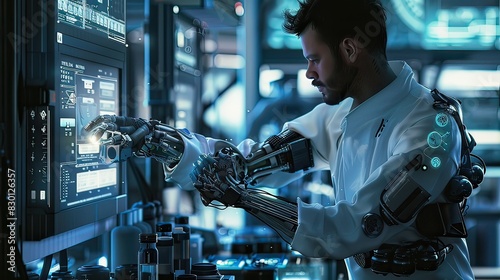 A scientist with a prosthetic arm conducting experiments in a high-tech lab, Futuristic, High detail, Cool tones