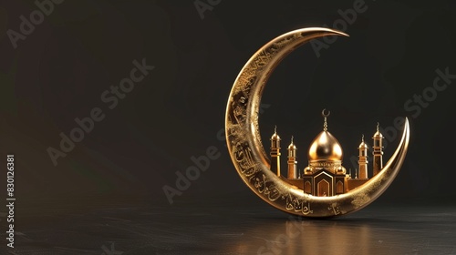 A beautifully lit golden crescent moon with an intricate mosque design inside, set against a blurred background of domes and minarets at night.