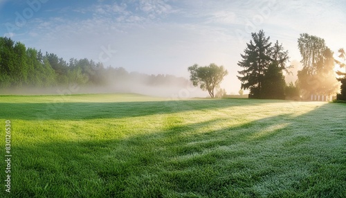  Beautiful summer natural landscape with lawn with cut fresh grass in early morning with ligh.j