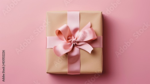 A beautifully wrapped gift box with a satin ribbon, positioned at the golden ratio point in front of a soft pastel pink background