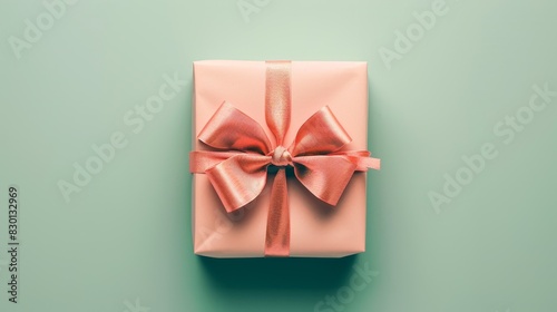 A beautifully wrapped gift box in pastel peach, featuring a decorative bow, positioned on a pastel green background using the golden ratio