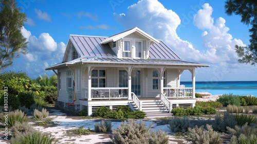 Small seaside house plan with a wraparound porch overlooking the ocean