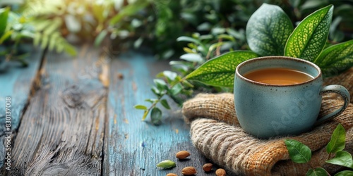 a cup of tea with mix nuts on wooden table with blanket and green leaves, heath benefit herbal drink tea with copy space