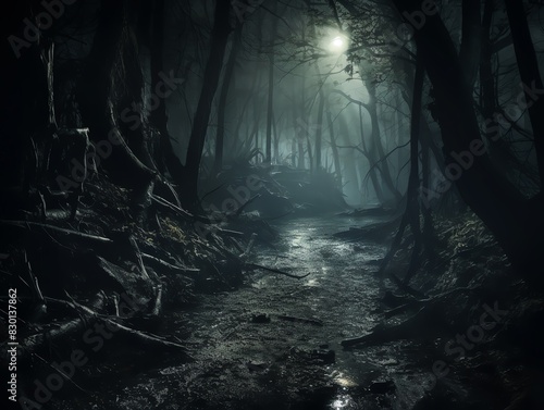 Create a high-angle view of a spooky forest with mist-covered trees and eerie shadows for Horror thrills Incorporate unexpected camera angles to reveal hidden creatures lurking in