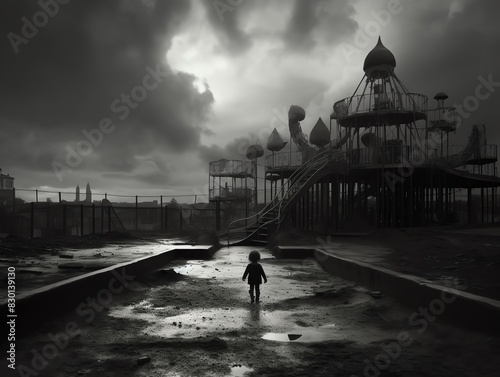 Transform childhood simplicity into a dystopian setting with a black and white photo Show a panoramic view of a playground being overtaken by dark shadows and ominous clouds