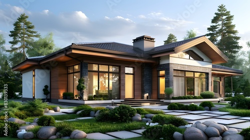 A modern house with a beautiful yard