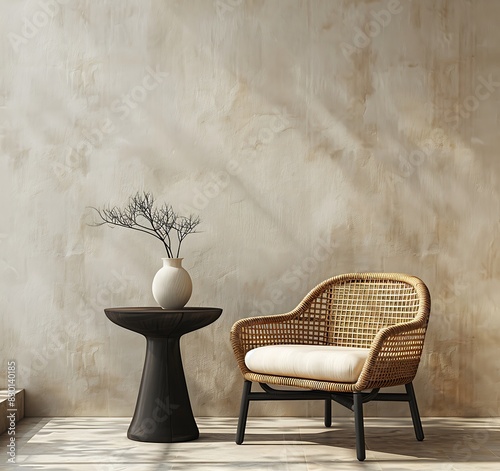 Sitting area with a rattan armchair and black wooden side table, against a beige wall background