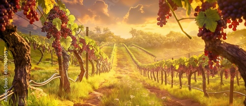 A picturesque vineyard bathed in the golden light of Spring, where rows of grapevines stretch towards the horizon, laden with plump clusters of fruit, promising the bounty of the season ahead. 