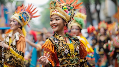 Colorful cultural parade with smiling dancers wearing traditional ornate costumes and headdresses in a vibrant street festival.