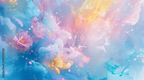 Abstract background with pastel blues pinks and yellow light specks wallpaper