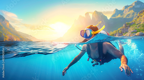 Half underwater view of paradisiacal beach of a young person diving and snorkeling in a gold sunset. Idyllic vacation environment. Summer background