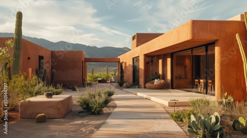 The desert house, with its adobe walls and shaded courtyards, offers a cool oasis in the arid landscape