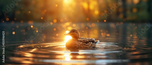 wild duck swimming in nature pond during raining, springtime cute animal