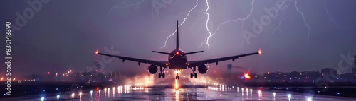 A dramatic photo of an airplane preparing for takeoff amidst a thunderstorm with lightning illuminating the night sky.