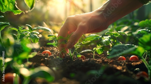 Gardening human's hand plants vegetables and herbs in greenhouse. farm natural ecological economy, harvest vegetables and fruits in the garden.