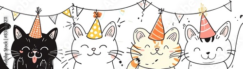 Cartoon cats wearing party hats celebrating a joyful occasion with confetti and bunting decorations, perfect for festive events and invitations.