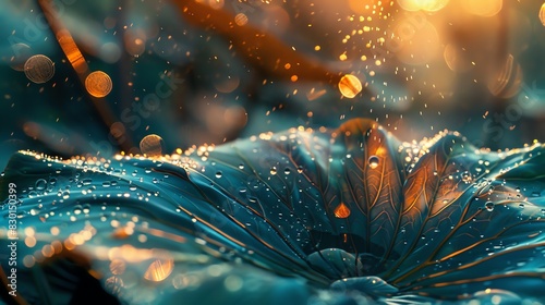 Close-up of a dewy leaf illuminated by golden sunlight, creating a magical, ethereal atmosphere with assorted bokeh lights and water droplets.