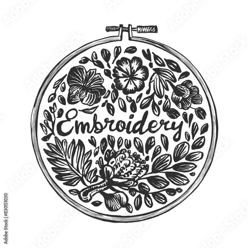 Embroidery hoop ink sketch drawing, black and white, engraving style vector illustration