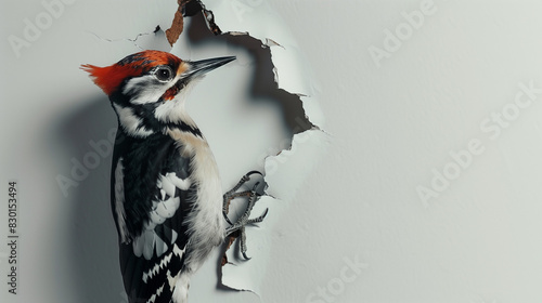 A woodpecker peeking out at us through white paper 白色の紙からこちらを覗くキツツキ [Generative AI] 