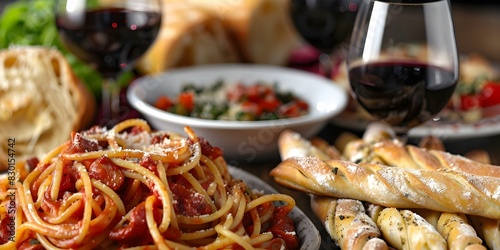 Indulge in a Cozy Italian Feast with Pasta, Breadsticks, and Red Wine. Concept Italian Cuisine, Pasta, Breadsticks, Red Wine, Cozy Dining