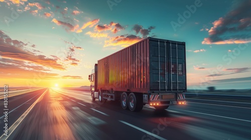 Logistics import export and cargo transportation industry concept of Container Truck run on highway road at sunset blue sky background, generative ai.