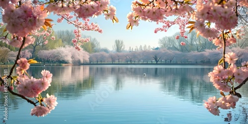 Cherry blossoms form a delicate border around a peaceful lake. Concept Nature, Cherry Blossoms, Lake, Peaceful, Scenery